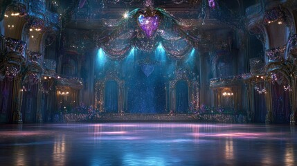 Obraz premium A grand, illuminated ballroom with ornate decorations and a central gemstone feature.