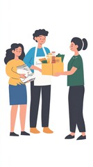 Obraz premium A social worker distributing food supplies to a family, standing with care on a white background