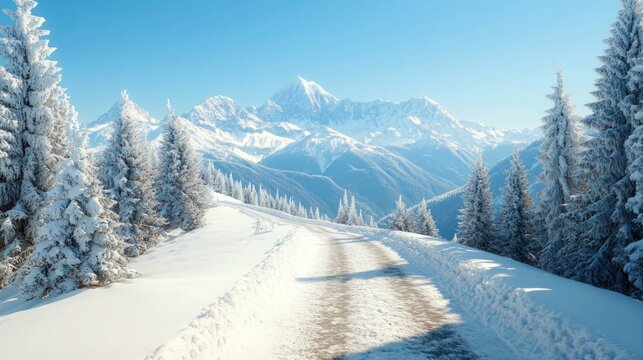 A snow-covered mountain trail, lined with frost-covered pine trees, leading to a high-altitude vista overlooking snow-capped peaks under a clear, crisp winter sky.
