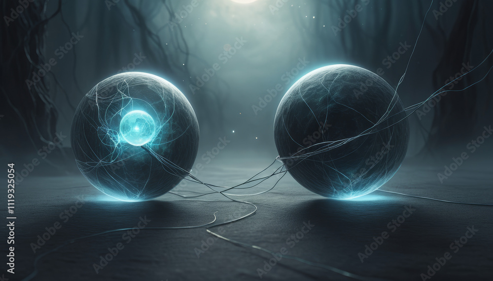 Poster abstract representation of hidden sympathy with glowing spheres connected by threads