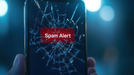 spam call  block  privacy Concept. A smartphone displays a spam alert on a cracked screen in a dimly lit background.