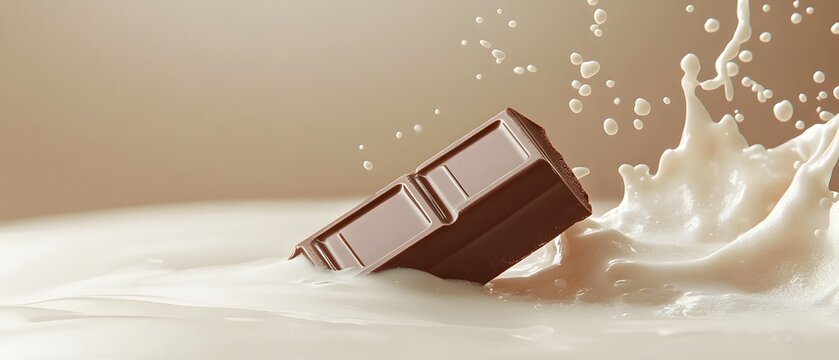 A piece of milk chocolate splashing into creamy milk, creating dynamic waves and drops. This image captures the deliciously indulgent moment perfect for chocolate lovers.