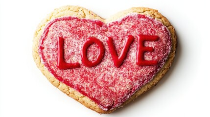 Close-up of a single heart-shaped cookie with "LOVE" written in red icing.