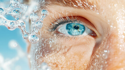 Fototapeta premium Close-up of a Person's Eye Surrounded by Water Droplets Under Bright Sunlight Highlighting Vivid Colors and Textures in a Refreshing Outdoor Setting