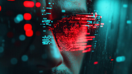 Close-up of a Person's Eyes Reflecting Digital Code and Data, Showcasing a Blend of Technology and Human Emotion in a Futuristic Setting