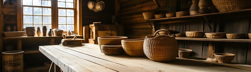 A rustic interior featuring handcrafted wooden bowls and pottery on a well-worn table. Natural light streams through the window, enhancing the warmth and charm of the space.