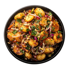 Fototapeta premium Top view of a delicious looking tikki chaat on a dark bowl isolated on a white transparent background