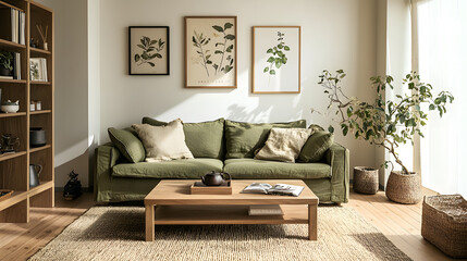 modern Japanese living room featuring olive green sofa, wooden coffee table, and decorative plants. space is bright and inviting, showcasing minimalist aesthetic