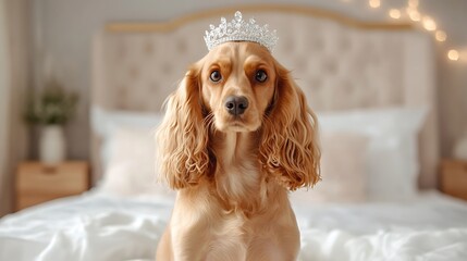 Adorable dog wearing a sparkling crown sitting on soft bed in stylish bedroom with decorative lights and elegant decor perfect for pet lovers and royal moments