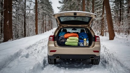 Car on a winter road. Neatly packed suitcase with winter emergency kit: blankets, flashlight and ice scraper.