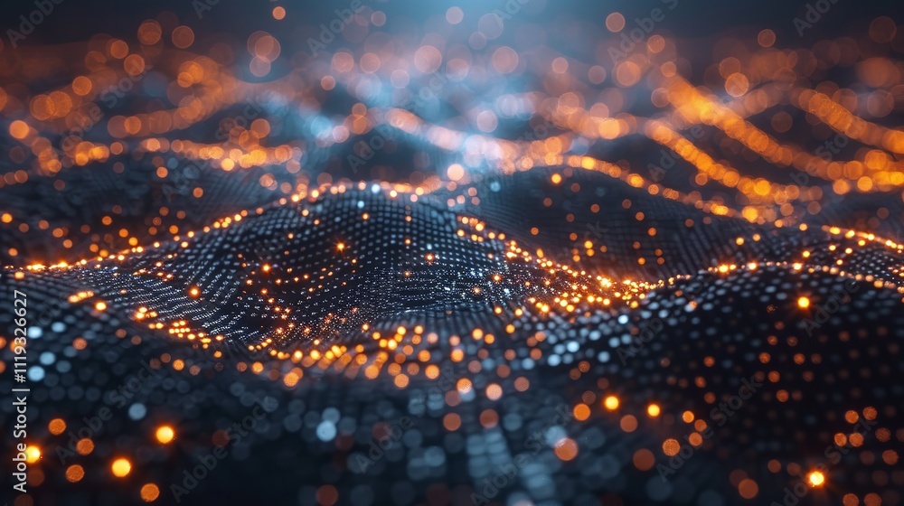 Poster cyber big data flow and blockchain data fields in a 3d illustration. digital waves and particles.