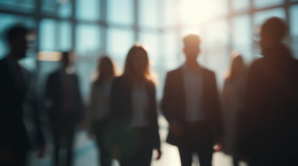An office interior with natural lighting and blurred figures of people