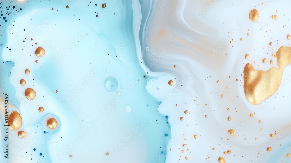 Poster swirls of blue and gold create an abstract composition with fluid textures and contrasting colors
