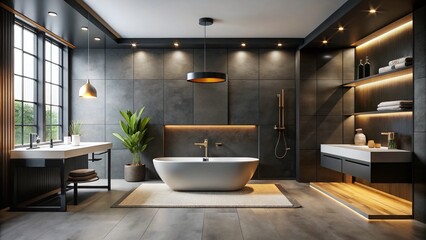Fototapeta premium Modern Matte Black Bathroom Design: Sleek Bathtub, Sink, Shower - Interior Illustration