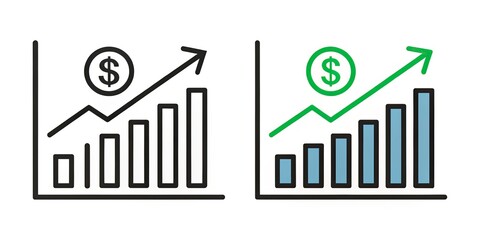 Graph Icon Set for Economic Growth and Profit Margin Increase - Stock Price Line Icon in Black Filled and Outlined Style for Business and Financial Illustrations