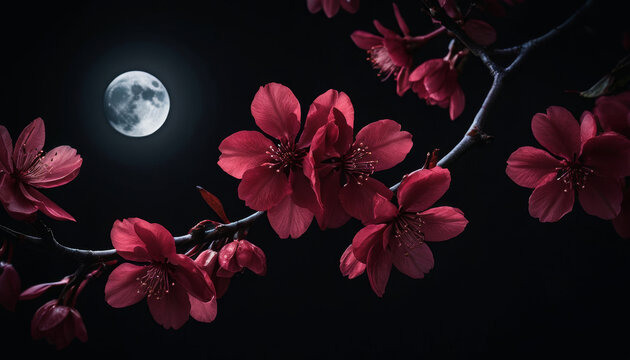 Dark cherry blossoms illuminated by full moon in elegant and mysterious night setting