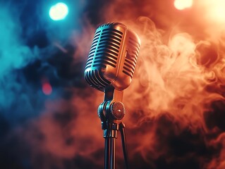 Vintage Microphone in Stage Spotlight, Generative Ai
