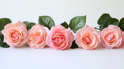 Soft Pink Roses Arranged in a Row with Green Leaves