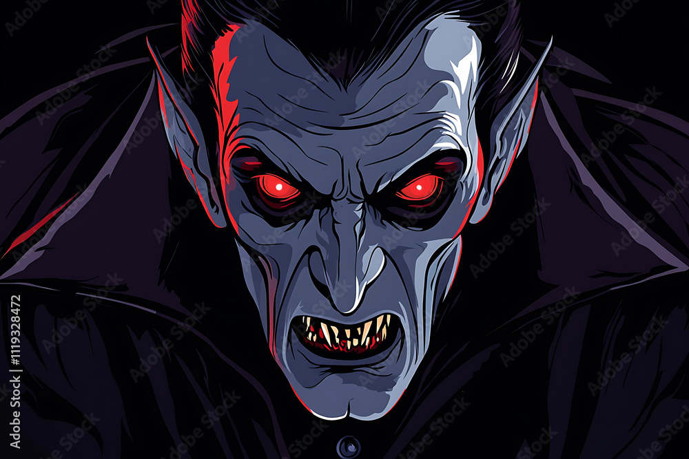 Poster a menacing vampire character with red eyes and sharp teeth, set against a dark background.