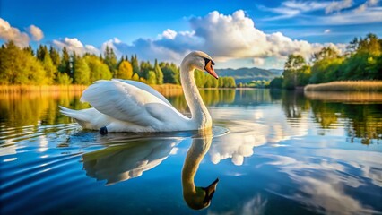 Fototapeta premium Panoramic Swan Lake Scene - AI Photo