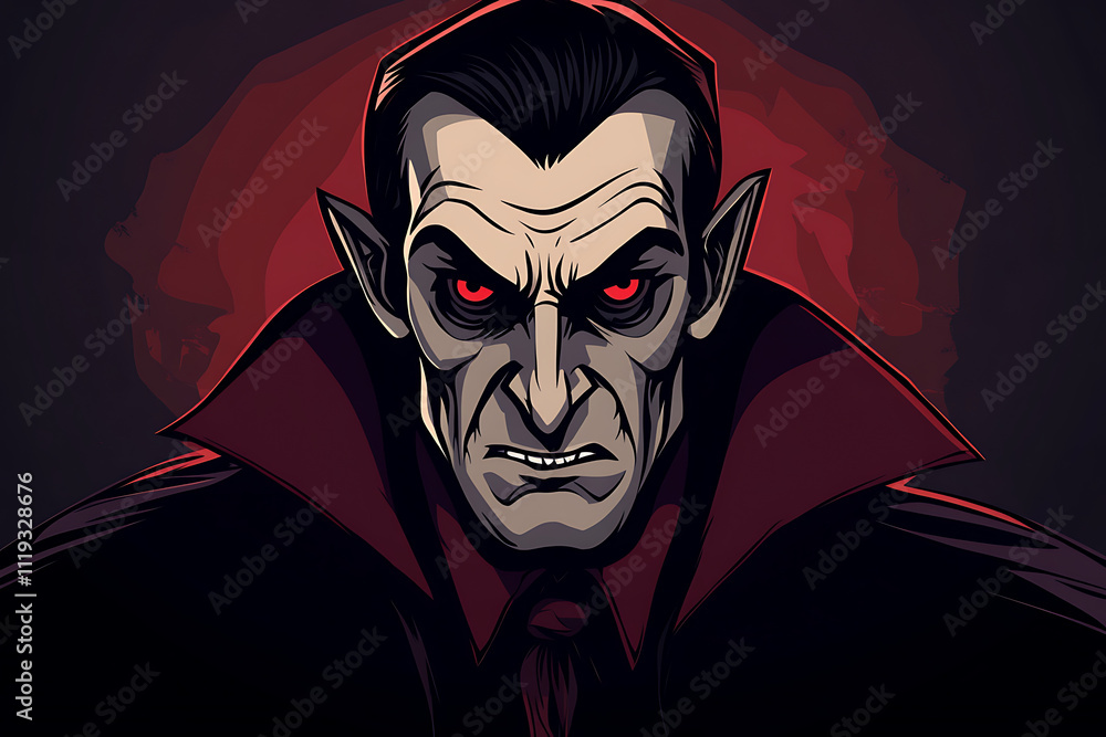 Poster a stylized illustration of a menacing vampire character with sharp features and glowing red eyes.