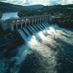 Aerial view of a dam with water flowing through turbines, harnessing hydroelectric power.