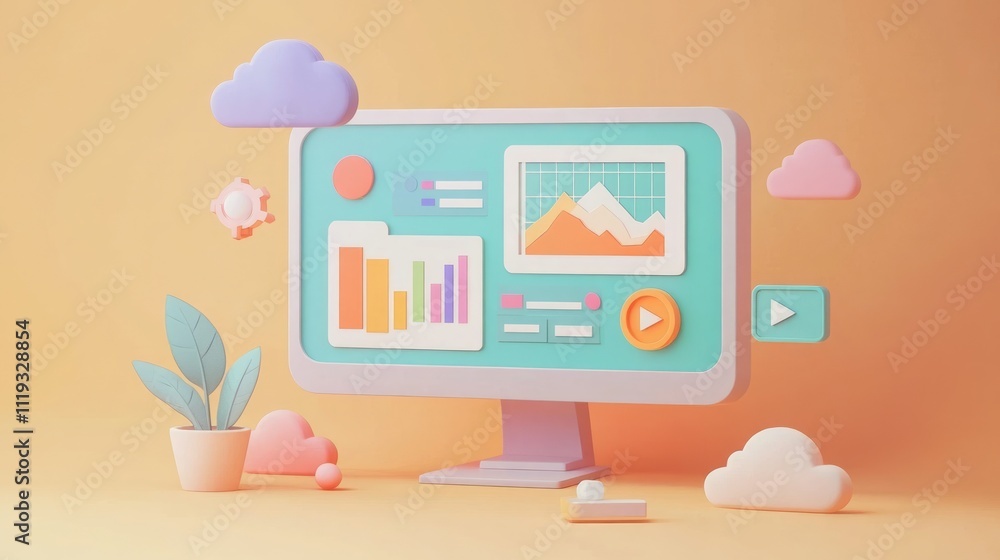 Poster pastel-colored computer screen displaying data charts, graphs, and icons.