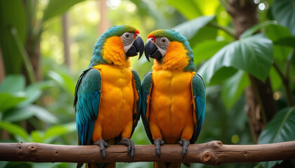 Obraz premium Macaws resting affectionately on branch surrounded by green foliage in vibrant colors