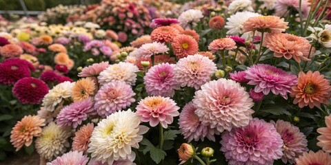 A profusion of pastel and peach chrysanthemums in full bloom, showcasing a vibrant display of autumnal colors and delicate textures.