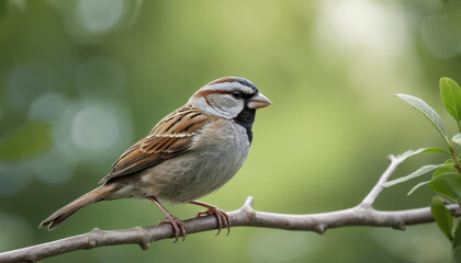 Fototapeta premium A sparrow resting on a branch with a blurred green background, peaceful atmosphere