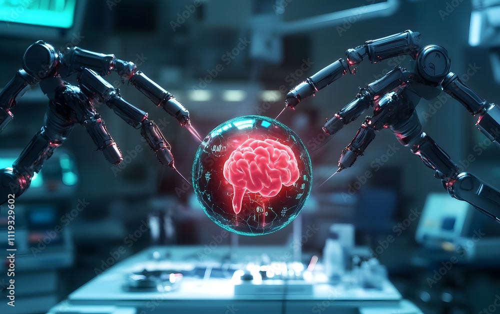 Poster a futuristic scene depicting advanced robotics manipulating a glowing brain in a medical setting. th