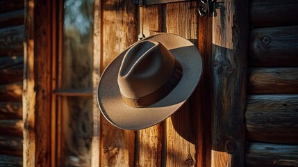 A shot of a stylish wide-brim hat hung on a rustic cabin door, with warm evening light casting soft shadows across the wooden surface.