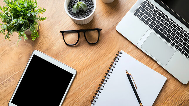 A laptop, a tablet, a pen, and a notebook are on a wooden table