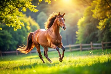 Running Brown Horse Paddock Summer Bokeh