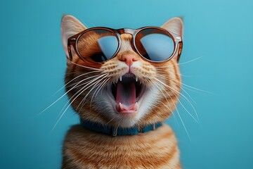 A cat wearing glasses with its mouth open showing its fangs and rough tongue gives off a funny and cute vibe, perfect for use in funny memes or social media posts promoting relaxation.