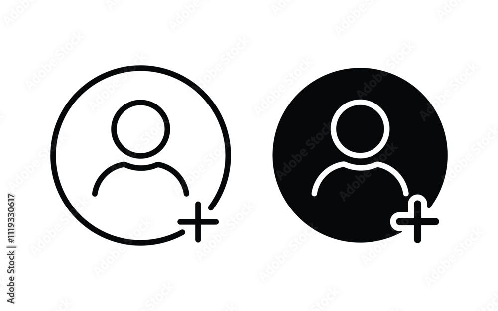 Aufkleber add user icon set. person profile avatar with plus, add account symbol. flat set in black and white 