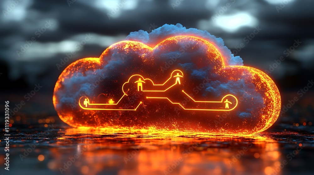 Poster fiery cloud with glowing circuit paths and human icons, symbolizing cloud computing and network conn