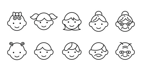 set of different age groups of people icon  from baby to elder. Maturing icons set. Linear style. Vector icons.