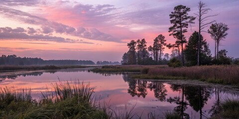 Obraz premium Serene Sunset Reflection on a Calm Wetland Marsh