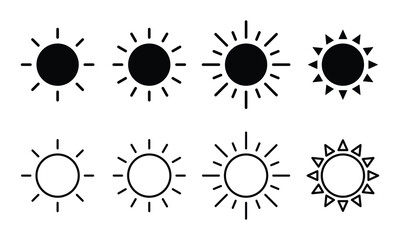Sun icons collection. Sunshine vector sign. Shine sun ray set. Sun icons vector isolated on white background. 