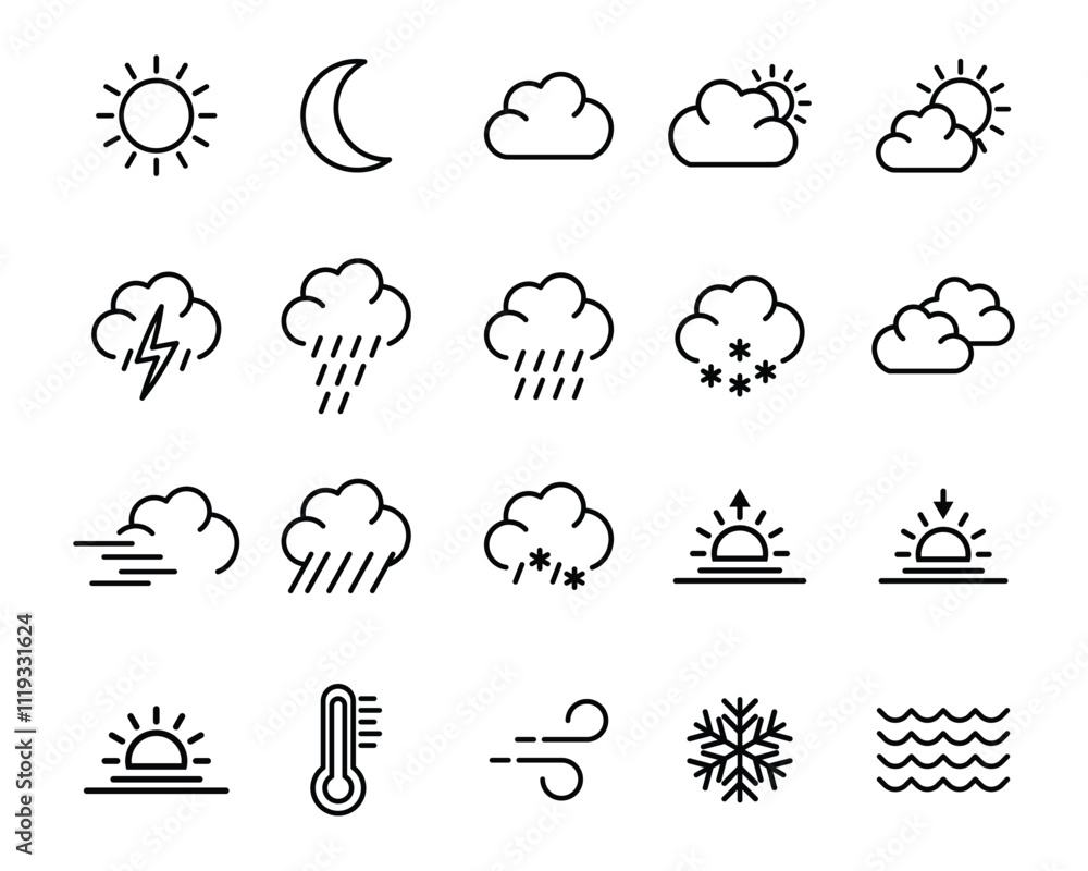 Poster weather icons set. linear style. clouds logo and sign collection. weather forecast outline web icon 