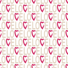 Seamless pattern of hand drawn love words and hearts on isolated background. Design for Valentine’s Day, wedding and mother’s day celebration, greeting card, home decor, wrapping paper, scrapbooking.