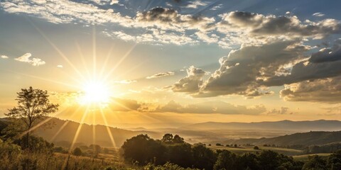 Golden Hour Serenity Sunbeams Illuminate Rolling Hills and Dramatic Cloudscape