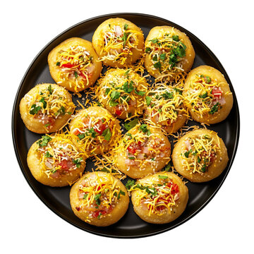 Top view of a delicious looking pani puri on a dark bowl isolated on a white transparent background