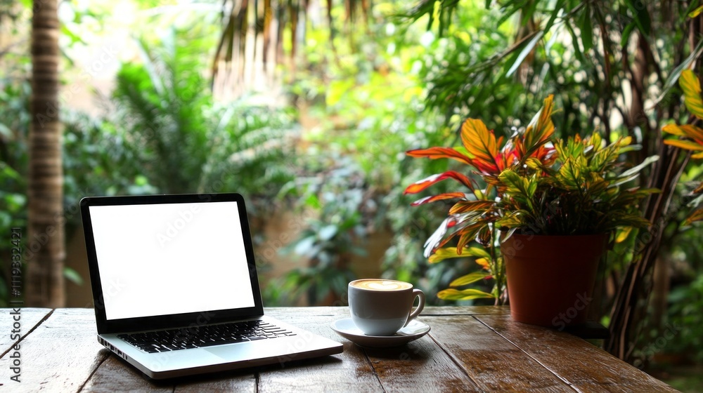 Aufkleber a serene workspace is set on a rustic wooden table featuring a sleek laptop and a steaming cup of co
