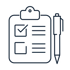 Clipboard, pen, check mark. Voting, test concept. Vector linear icon isolated on white background.