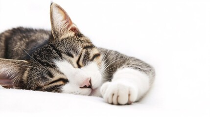 Fototapeta premium Adorable tabby cat peacefully sleeping on white background. Generative ai