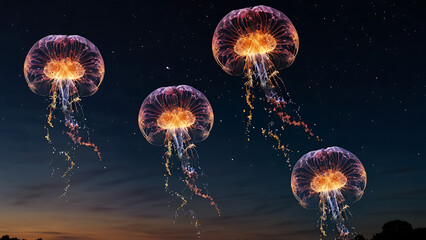 DIfferent colors and types of fireworks in the sky background	