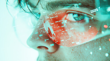 Fototapeta premium Close-up of a Person Wearing High-Tech Glasses, Immersed in Digital Data, Highlighting Advancements in Technology and Augmented Reality in a Futuristic Setting
