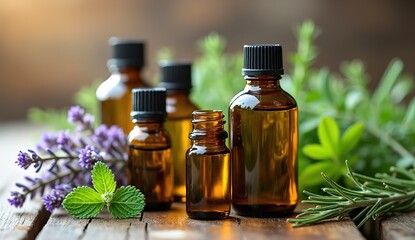 An assortment of essential oil bottles with fresh plants from which they're derived, like lavender, peppermint, and rosemary, arranged on a wooden surface. Generative AI 